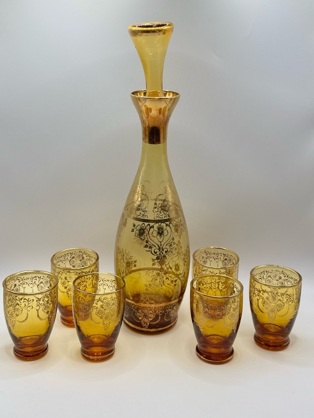 Vtg Laguna Murano Art Glass Decanter Set Amber/Gold Cordial Glasses 1920s Italy - Picture 3 of 11